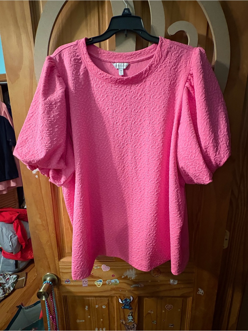 crown & ivy Pink Textured Puff-Sleeve Top